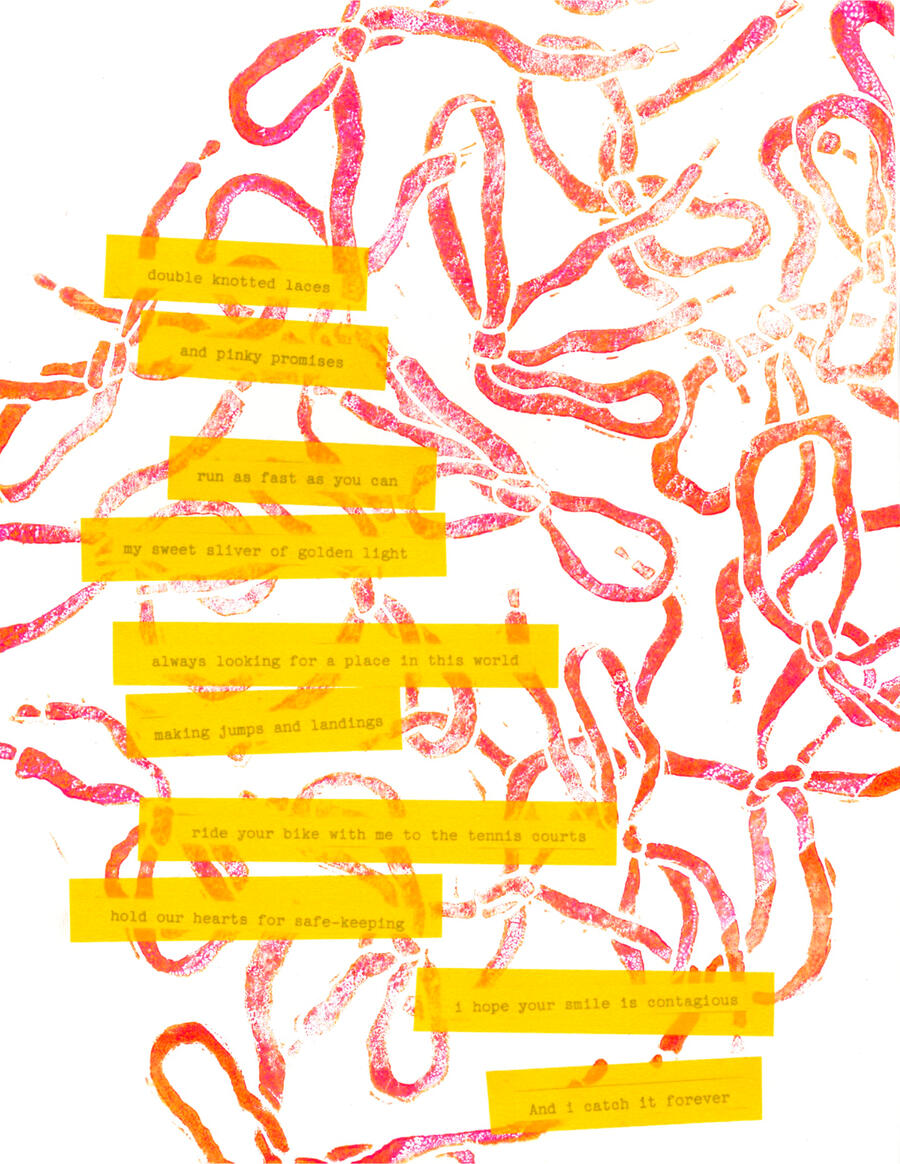 A collage that features a border of brightly colored hand-drawn stars with a circle cut out of the middle. Inside is a hand-drawn bunk bed, and three stars in a row, against a two-tone blue background.