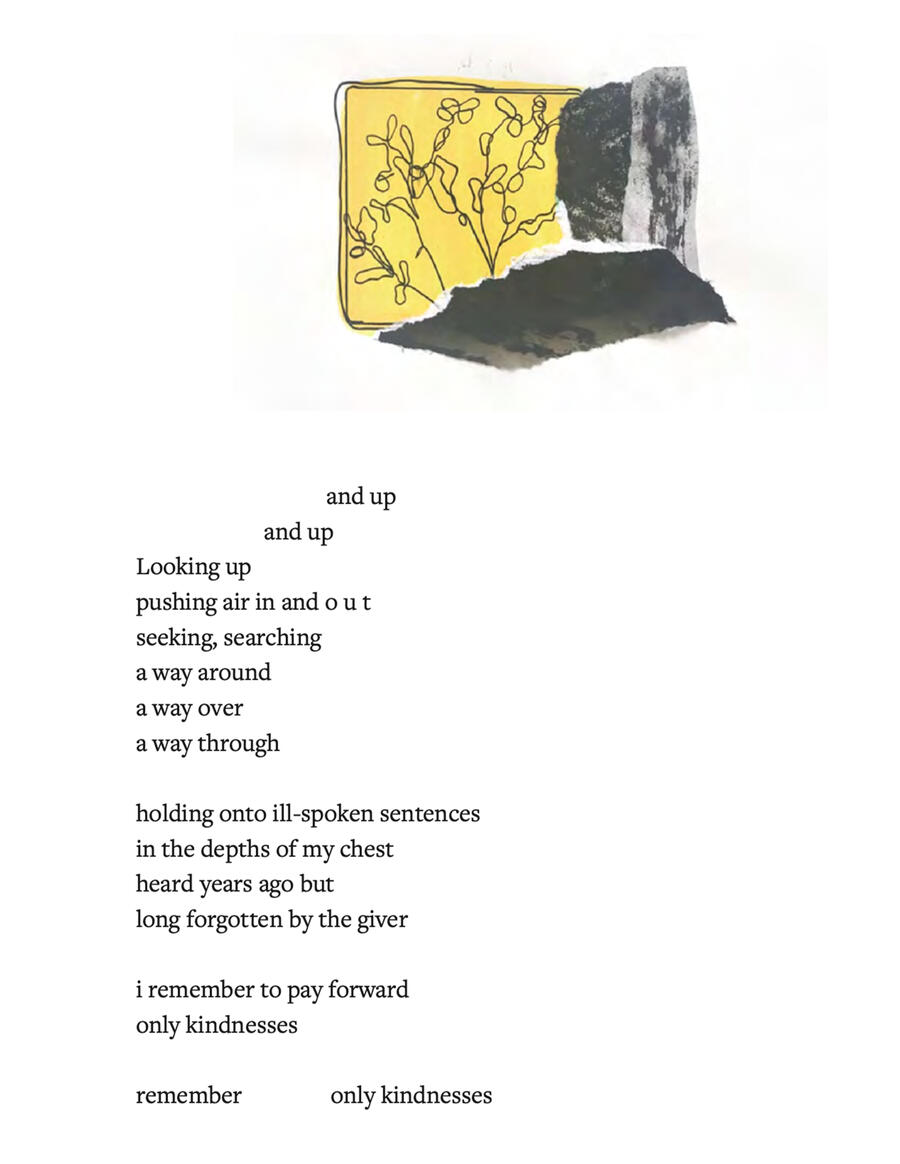 A poem on a white background, with a scribbley plant drawing collages with dark charcoal marks above it.