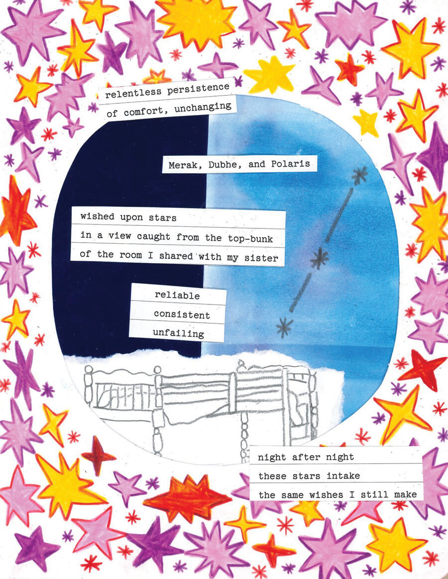 A collage that features a border of brightly colored hand-drawn stars with a circle cut out of the middle. Inside is a hand-drawn bunk bed, and three stars in a row, against a two-tone blue background.
